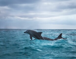 Two dolphins swimming side by side in the deep blue ocean