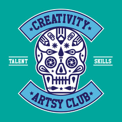 Hand Drawing Creative Skull Vector Illustration in Patch Design Artist Club
