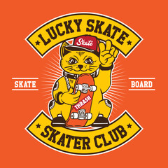 The Lucky Cat Mascot Character Design with Skateboard Hand Drawing Vector Illustration in Patch Design Skater Club