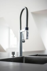 a modern kitchen sink with stainless steel fixtures in a newly renovated house