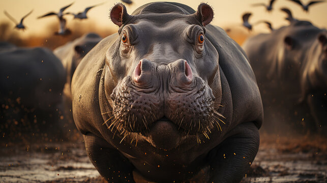 Baby Hippo Getting Spooked By A Flock Of Birds, Background Image, Hd