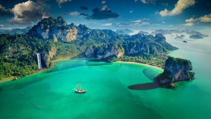 Aerial view of a boat sailing in the tranquil waters near Railay Beach Peninsula in Thailand