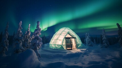 AI generated illustration of an igloo surrounded by nature with a vibrant display of aurora lights