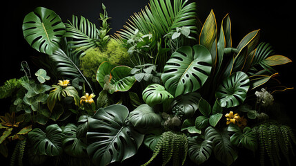 Fototapeta premium Big Greean Leaves Of Monstera Banana And Strelizia, Background Image, Hd
