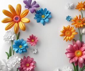 3d mural wallpaper with simple flowers on white background. modern flowers on a simple wall. blank background, concept art. 3d rendering illustration, Generative AI