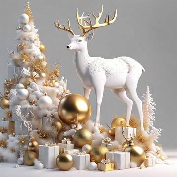 White Mountain Deer In Christmas, White And Gold Illustration, Generative AI