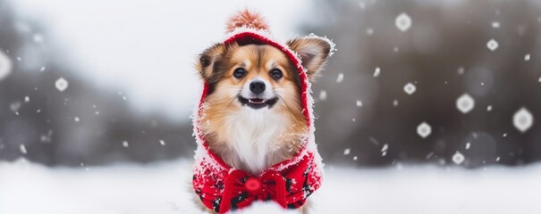 Fototapeta na wymiar Funny dogs in Christmas costumes. dog portrait in a red knitted hat sits in the snow. Snowy winter background with copy space. 