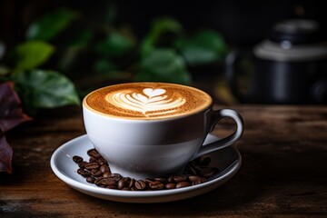 A detailed shot of a freshly made Macchiato coffee in a cozy cafe setting with the focus on the frothy milk and caramel topping