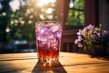 A carbonated grape soda drink sparkles in the warm afternoon light on a rustic table