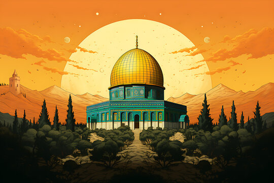 dome of the rock Jerusalem Israel old city omar mosque al aqsa al quds historical illustration background