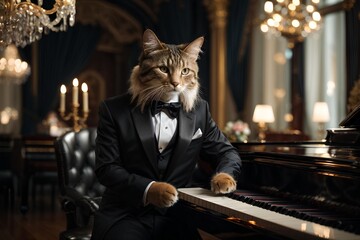 A sophisticated cat in a tuxedo is sitting at a grand piano, elegantly playing classical music under the glittering chandelier.Generative AI