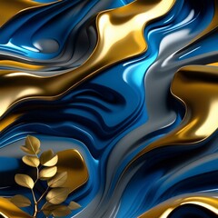 liquid wavy blue, golden, and gray shapes with tree leaves, Generative AI