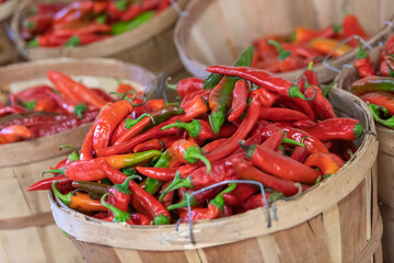 Bushel baskets full of ripe, freshly picked red chili peppers on display at a farmers market. - Powered by Adobe