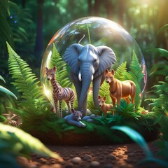 Crystal Earth with safari animals and fauna On Soil In Forest With Ferns And Sunlight, Generative AI