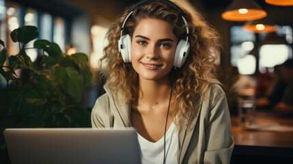 Casual Young Smiling Smart Woman Student In Headphone, Background Image, Hd
