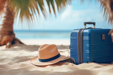 Island adventures Set off on a sandy beach with your blue suitcase and a classic straw hat for the ultimate escape is AI Generative.