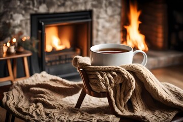 In a warm living room with a fireplace, a mug of tea is placed on a chair covered in a wool blanket. a warm winter day - obrazy, fototapety, plakaty