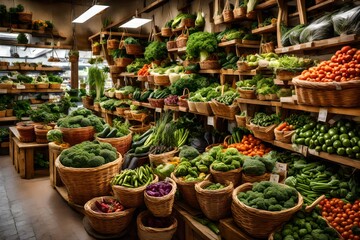 Fototapeta na wymiar In a store, there are baskets of beautiful, fresh veggies and plants