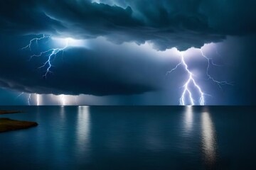Naklejka na ściany i meble Lighting in a thunderstorm over the water