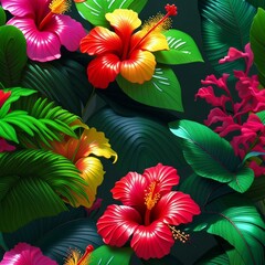 lush vegetation and hibiscus flower patter ideal for tropical and exotic backgrounds, Generative AI