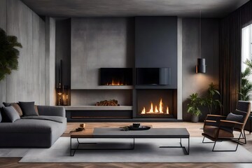 Modern living room in minimalist style with fireplace and concrete walls