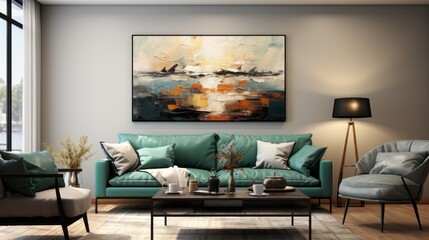 A living room with a nautical themed painting and green decor. Generative AI. 