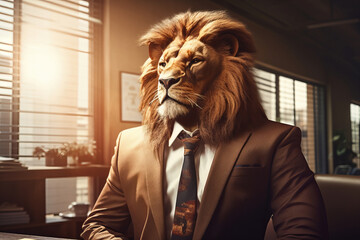 Meet the lion in the boardroom, a symbol of corporate success and executive confidence, wearing a suit and tie. AI Generative.