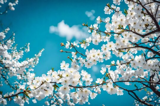 White blooms on a cherry blossom branch against a beautiful blue sky. Springtime blooming gorgeous natural scenery