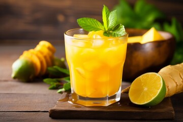 Fototapeta premium Tropical Delight: A Fizzy Mango and Ginger Ale Drink on a Vintage Wooden Table