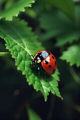 Obraz premium a small red ladybug sits on a leaf near some leaves