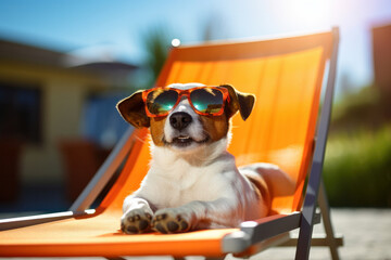 Lazy beach days with a doggy twist this canine knows how to soak up the sun on a fancy deck chair. It's AI Generative humor at the beach