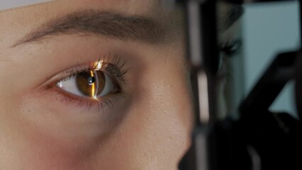 Close up view. The ophthalmologist examines the patient's eye