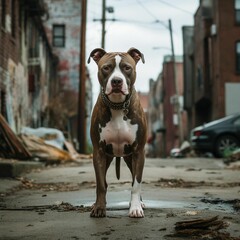 AI generated illustration of a pit bull terrier on the pavement beside a puddle