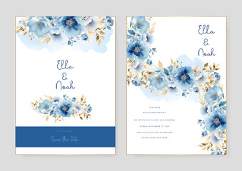 Fototapeta na wymiar Blue cosmos artistic wedding invitation card template set with flower decorations