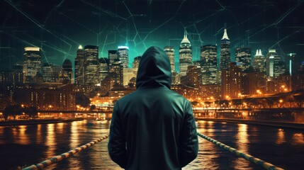 Fototapeta na wymiar A hacker in a hoodie from a rear view. The scene is set against a backdrop of a nighttime city