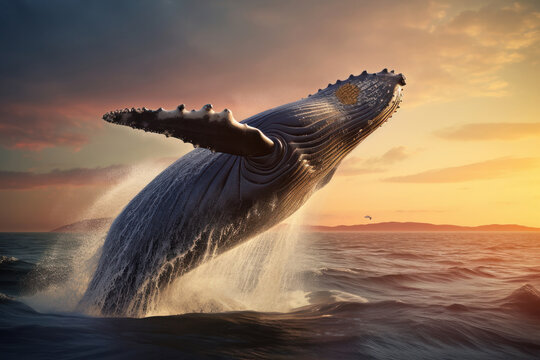 St. Mary's Island, Madagascar, hosts a stunning spectacle as a humpback whale jumps out of the Indian Ocean waters. A rare and breathtaking photo opportunity. AI Generative.