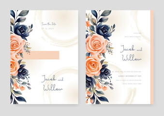 Fototapeta na wymiar Blue and orange rose elegant wedding invitation card template with watercolor floral and leaves