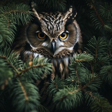 AI generated illustration of a majestic owl perched in a pine tree staring intently into the camera