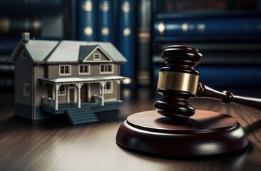 Gavel with model house on a table with home insurance and law home concept.