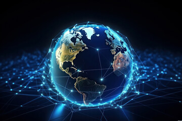 Earth from space with city lights creating a map-like pattern. This abstract depiction signifies the global network, technology, and communication systems. It is AI Generative.