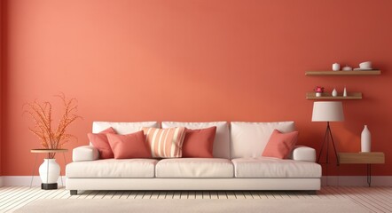 Orange living room with a white couch, in the style of dark red and light pink.