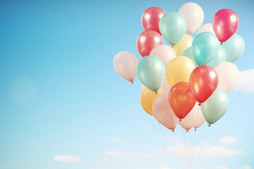 In the bright blue sky, a closeup reveals a bunch of colorful balloons filled with helium, creating a vibrant background for a happy birthday party in the air. AI Generative.