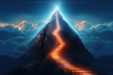 A mountain's summit, a digital painting of a stairway to nature's beauty under the summer night sky. AI Generative. - obrazy, fototapety, plakaty