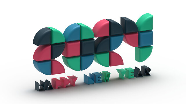 2024 Happy New Year, abstract geometric bauhaus shapes realistic 3d render, Graphic retro style celebration patterns. Transparent background image