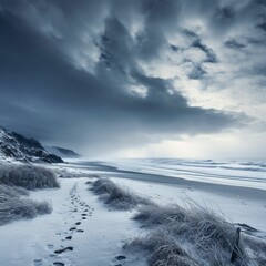 Obraz premium AI generated illustration of a beach blanketed in white snow with set of footprints