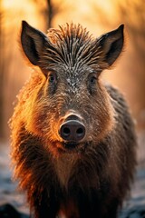 AI generated illustration of a boar standing in a scenic winter landscape on a crisp, chilly morning