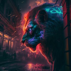 AI-generated illustration of a lion with a glowing mane emerging from a wall.