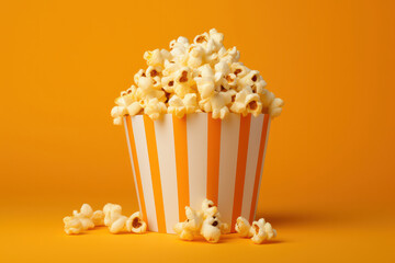 Cinema magic: a classic red bucket filled with delicious, colorful popcorn. Isolated illustration symbolizing entertainment and indulgence. AI Generative.