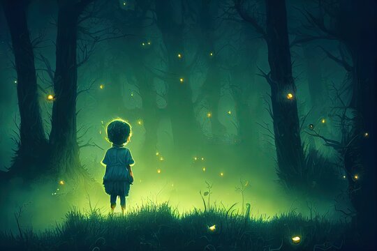 AI generated illustration of a male child admiring the light of fire-flies in a dark forest
