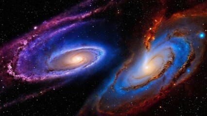 Spiral galaxies colliding. Gas clouds. Concept art. Cosmic art. Galactic art. 4K - 8K - 12K TV. Generative AI.